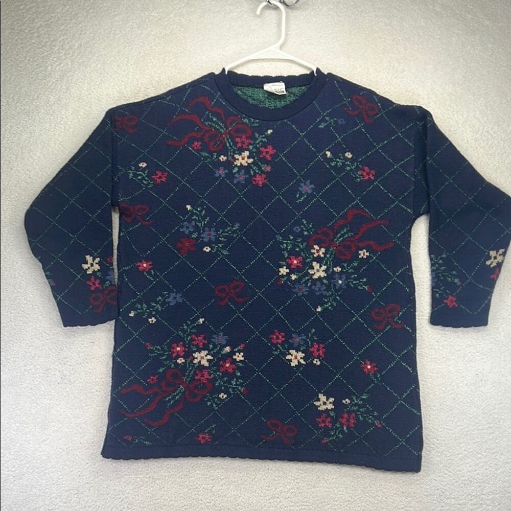 Basic Editions Navy Green Floral Knit Sweater Scalloped Crewneck Small/Medium